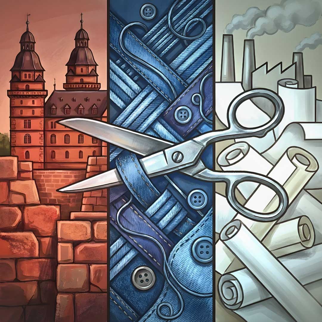 Illustration mit Schloss, Jeansstoff und Schere sowie Fabrik und Papierrollen