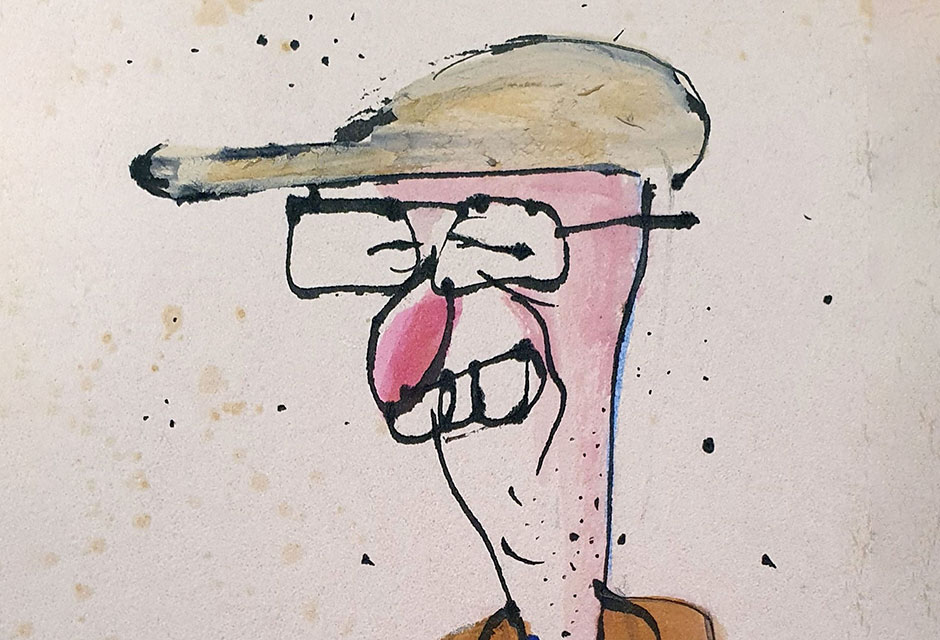 Karikatur eines Mannes mit großer roter Nase, hervorstehenden Zähnen, Brille, Baseballkappe und brauner Jacke.