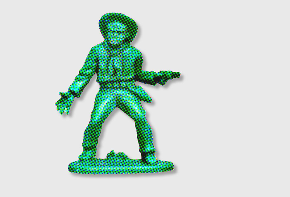 Abbildung einer grünen Soldaten-Spielzeugfigur auf weißem Hintergrund