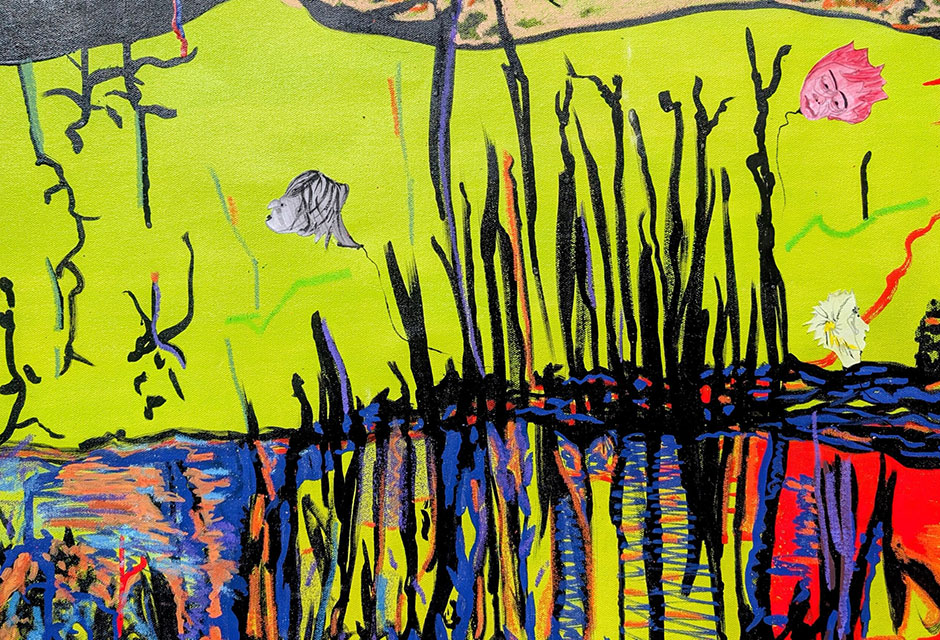 Abstraktes Gemälde mit einer Landschaft in grellen Farben und durch die Luft fliegenden kopfförmigen Luftballons.