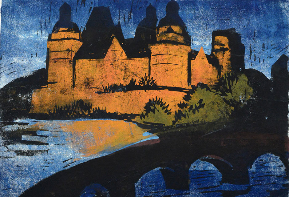 Farbige Darstellung des Schloss Johannesburg mit einer Brücke über einen Fluss im Vordergrund