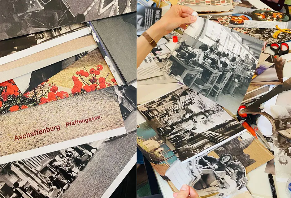 Verschiedene, größtenteils alte Fotos liegen auf einem Tisch. In der Ecke eines Fotos steht "Aschaffenburg Pfaffengasse"