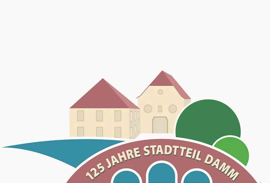 zwei Gebäude, ein blauer Streifen, der einen Fluss darstellt und eine Brücke mit der Aufschrift "125 Jahre Stadtteil Damm"