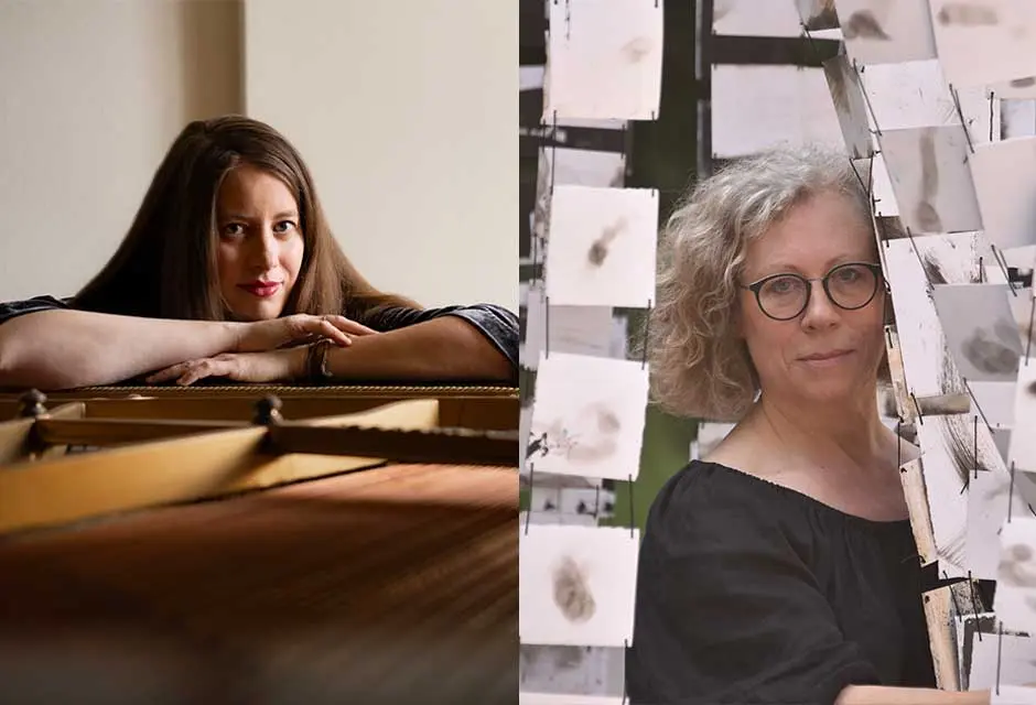 Collage aus zwei Portraits. Auf der linken Seite eine Pianistin, auf der rechten Seite ein Künstlerin